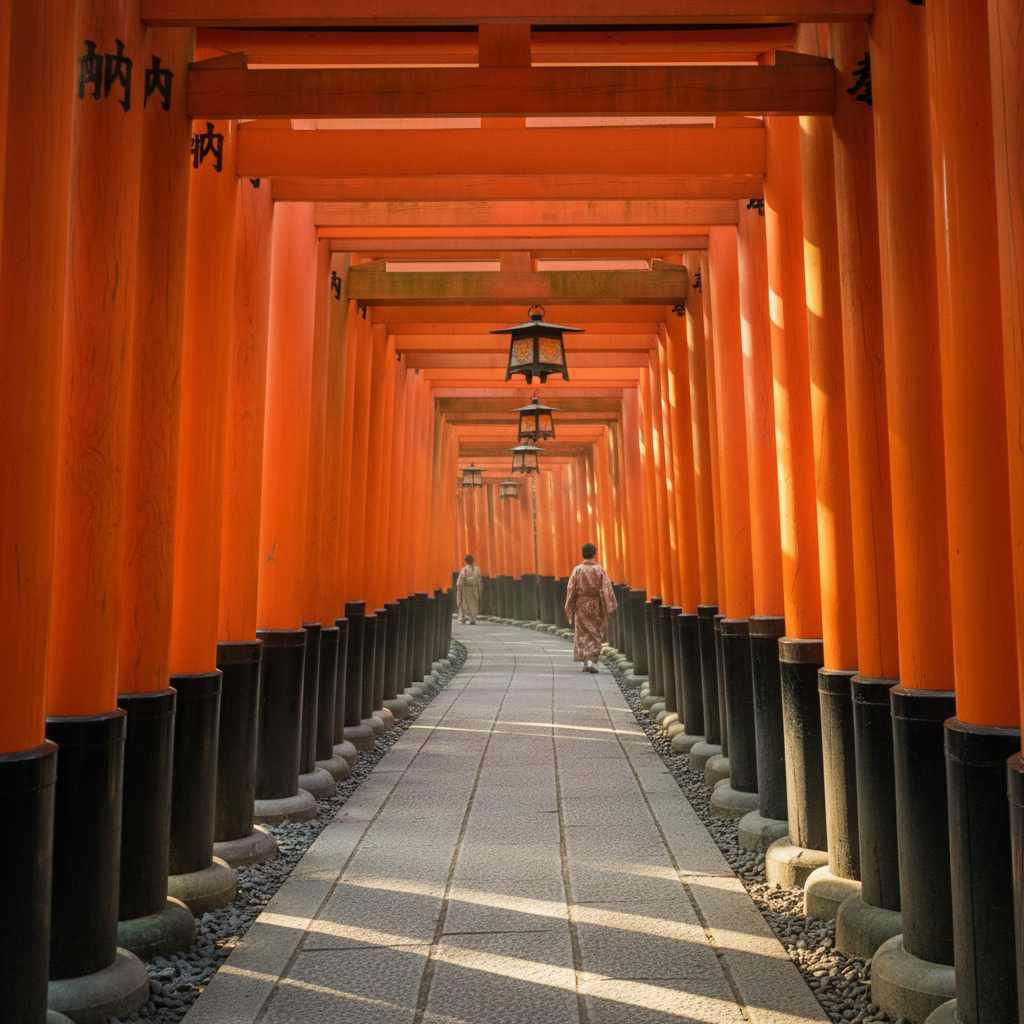 교토 후시미 이나리 대사의 끝없이 이어지는 붉은 토리이 터널 사이로 내리쬐는 부드러운 아침 햇살과 정교한 목조 구조물의 질감이 돋보이는 평화로운 풍경 사진